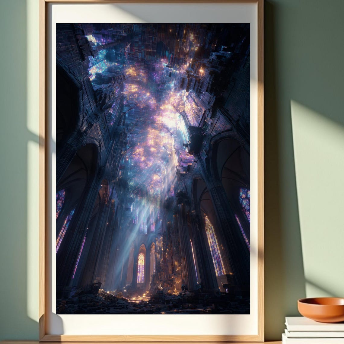 Cosmic Cathedral Galaxy Ceiling Neon Light Beams Futurist Art Poster