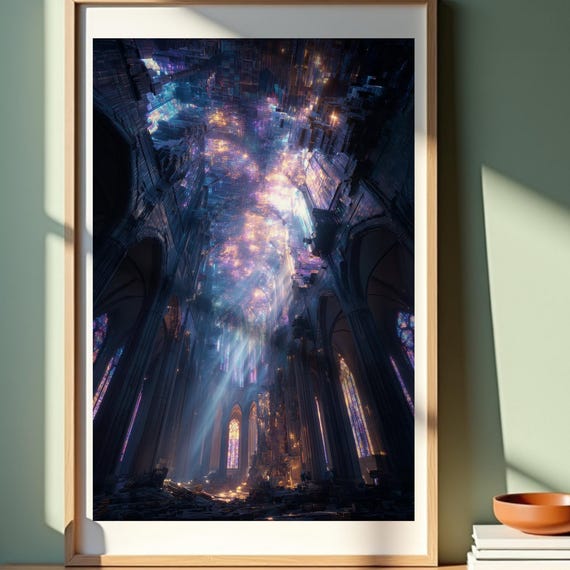 Cosmic Cathedral Fantasy Wall Art Print Futuristic Stained Glass Scifi Poster