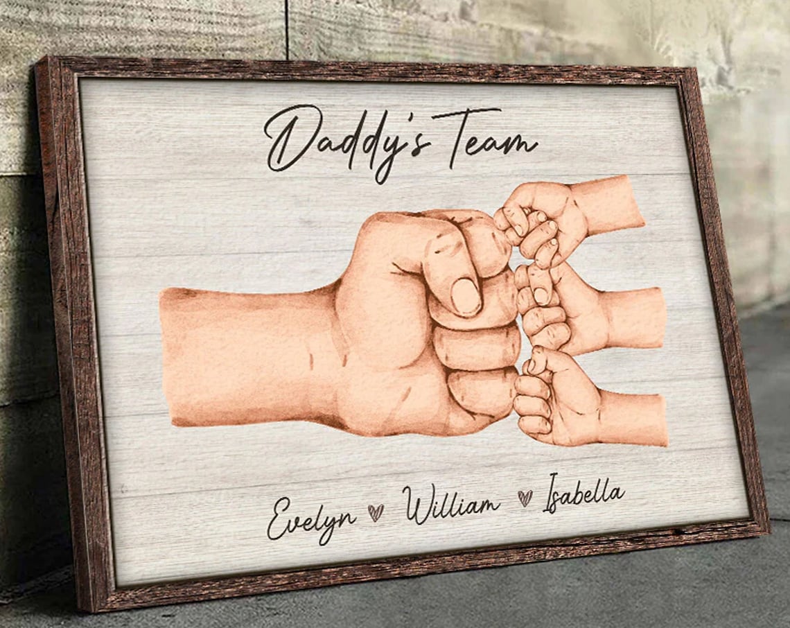 Daddy's Team Fist Bump Watercolor Personalized Kids Names Poster