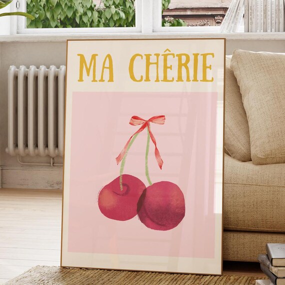 Ma Cherie Cherry Bow Pink French Typography Sweet French Kitchen Poster