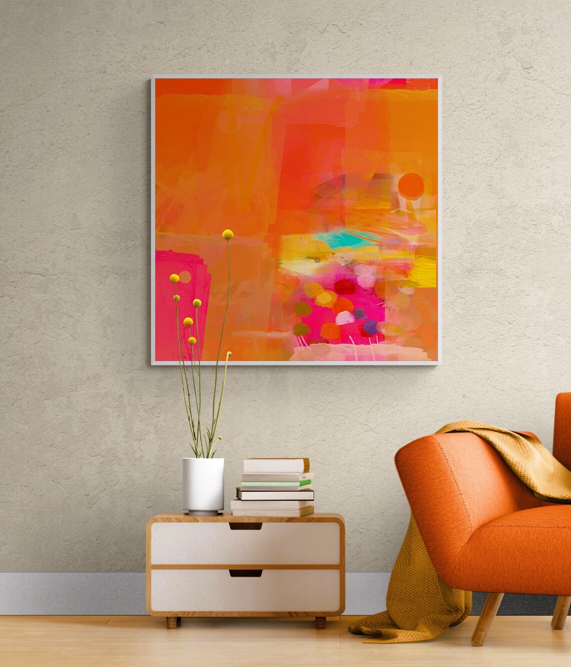 Bright Orange and Hot Pink Abstract Art Print - Image 2