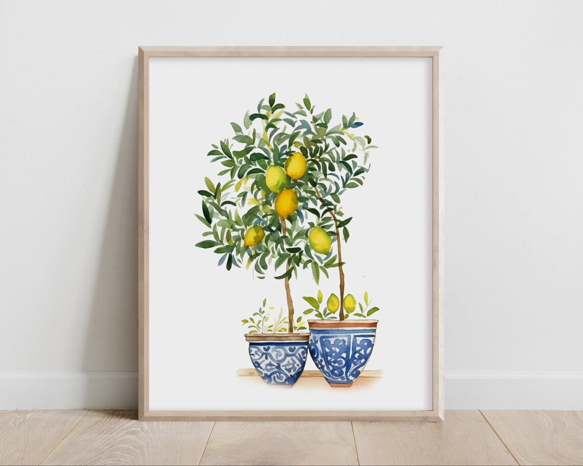 Watercolor Lemon Tree Blue White Pots Botanical Print Kitchen Citrus Home Decor