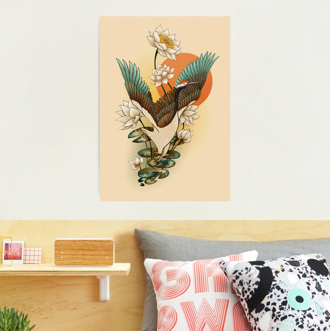 Red Crowned Crane Japanese Style Lotus Flower Orange Sun Art Poster - Image 2