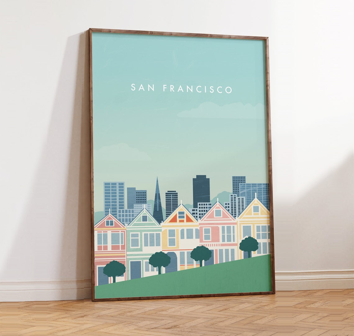 San Francisco Victorian Row Houses Hill Skyline Travel Poster