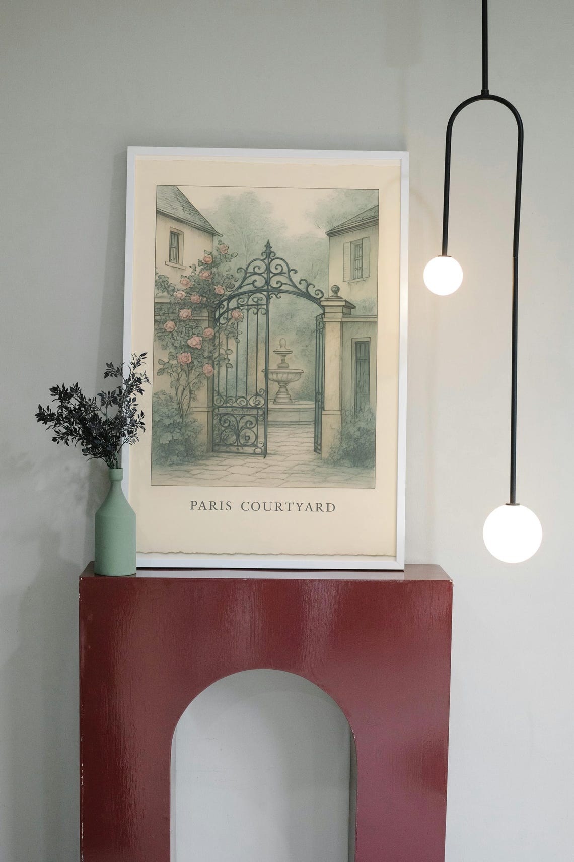 Paris Courtyard Antique Lithograph Style French Garden Gate Poster
