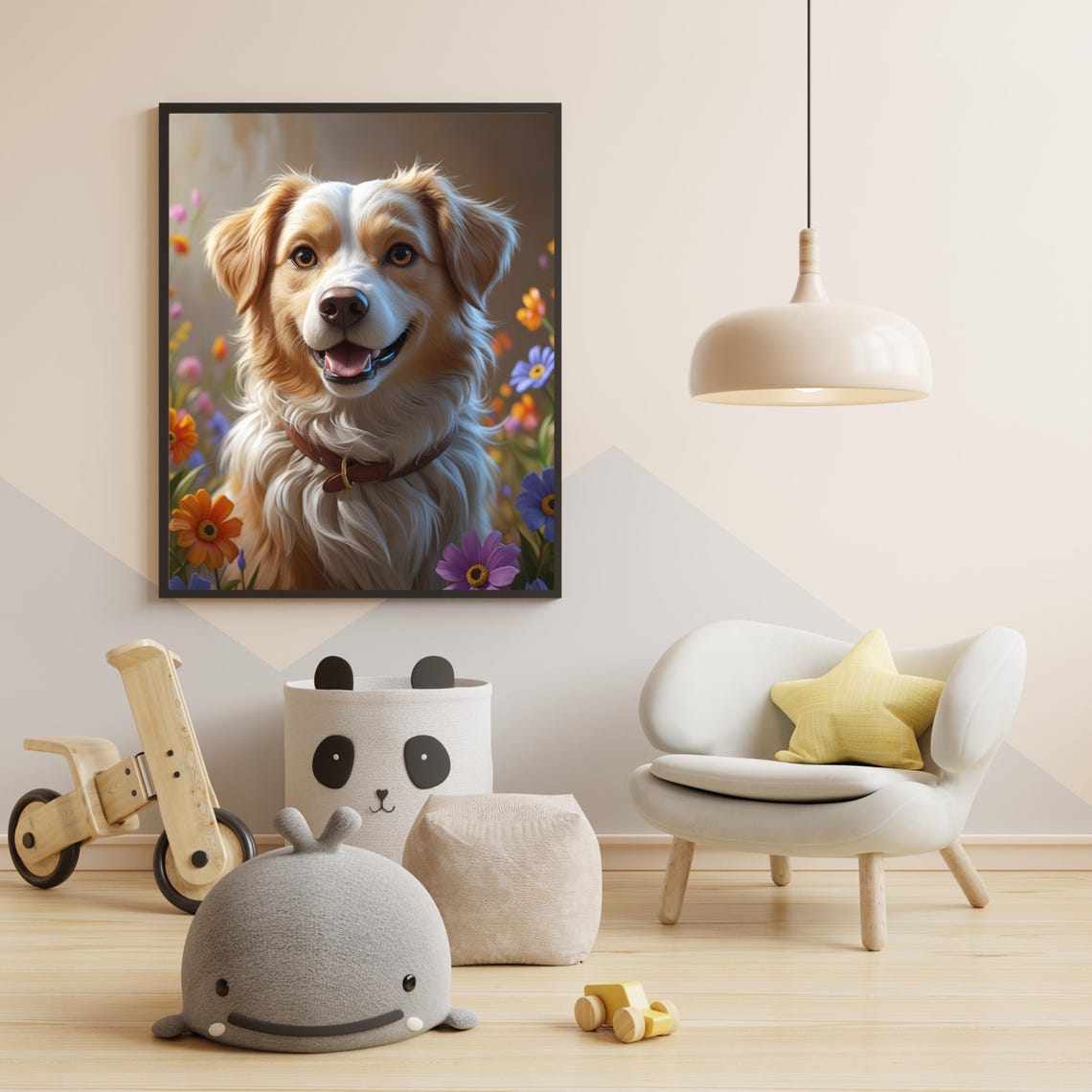 Smiling Golden Tan Dog Wildflowers Painterly Pet Portrait Poster