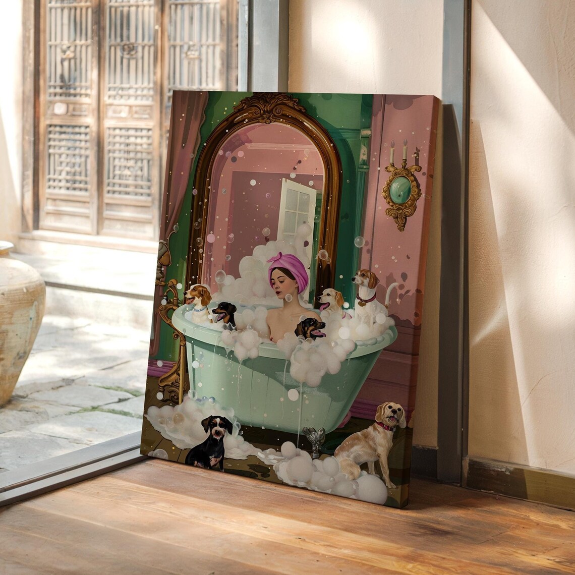 Woman in a Bubble Bath Surrounded by Happy Dogs Vintage Poster