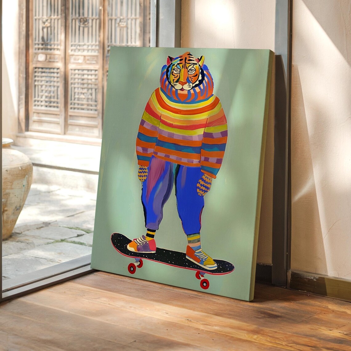 Hipster Tiger on a Skateboard Rainbow Striped Sweater Poster - Image 3