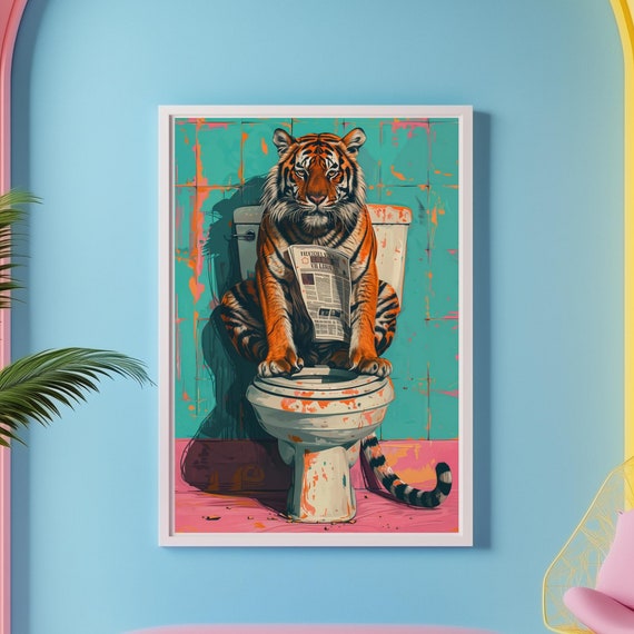 Tiger Toilet Art Poster Maximalist Bathroom Wall Art Quirky Tiger Decor Funny Animal Bathroom Art Print Bold Tiger Wall Poster