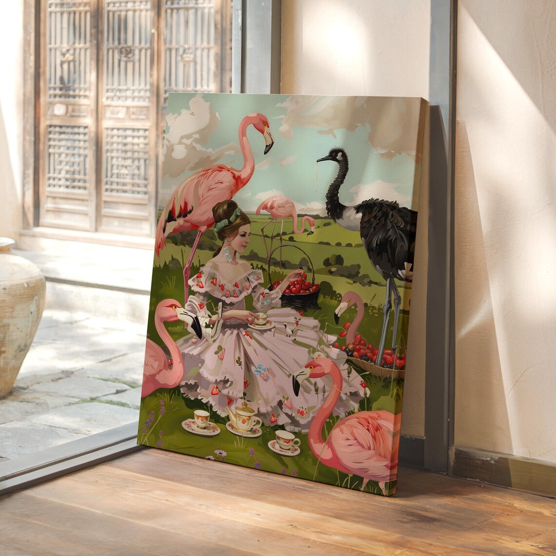 Lady's Strawberry Dress Tea Party in a Field of Flamingos Poster
