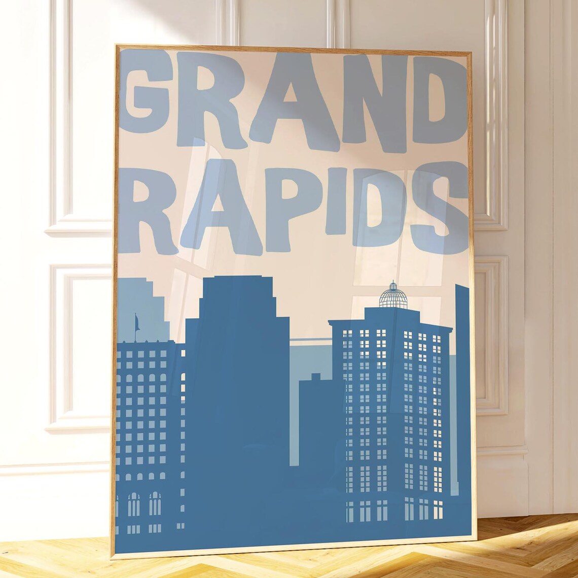 Retro Grand Rapids Michigan Blue Skyline Minimalist City Poster