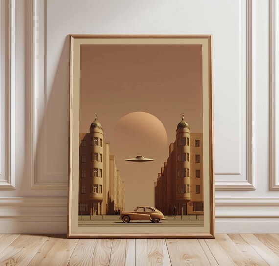 Vintage Street With UFO And Classic Car Sepia Surreal Poster