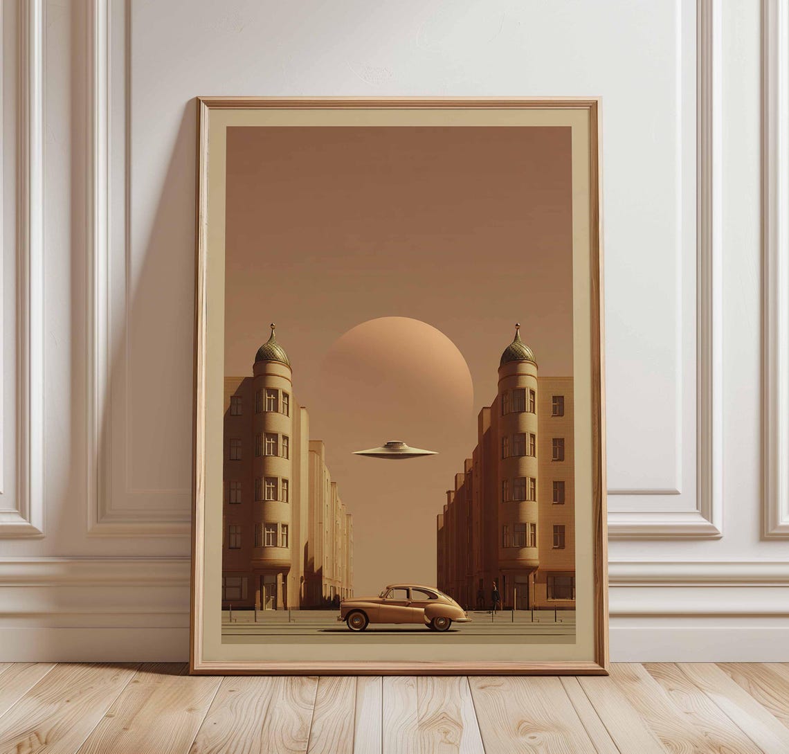 Vintage Street With UFO And Classic Car Sepia Surreal Poster