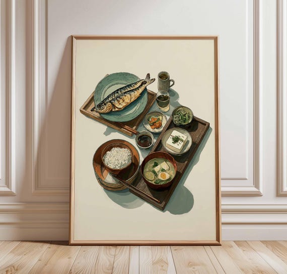 Japanese Breakfast Poster Print Traditional Food Wall Art Minimalist Meal Illustration Asian Kitchen Decor Miso Soup And Rice Artwork