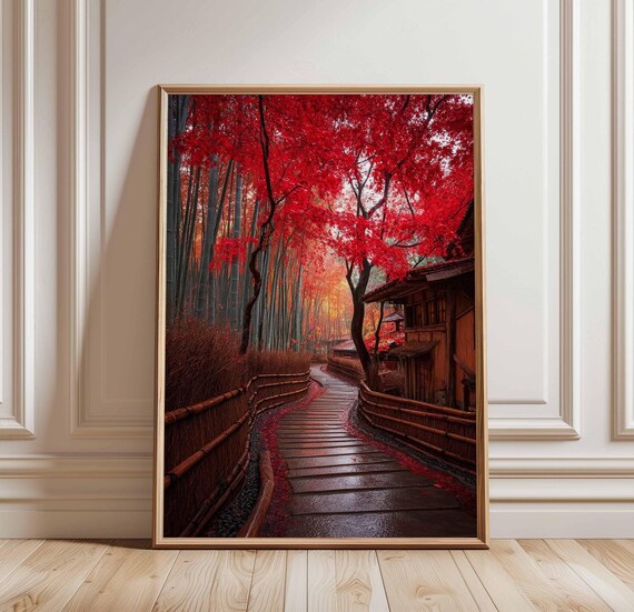 Japanese Autumn Pathway Red Maple Leaves Bamboo Forest Kyoto Garden Poster