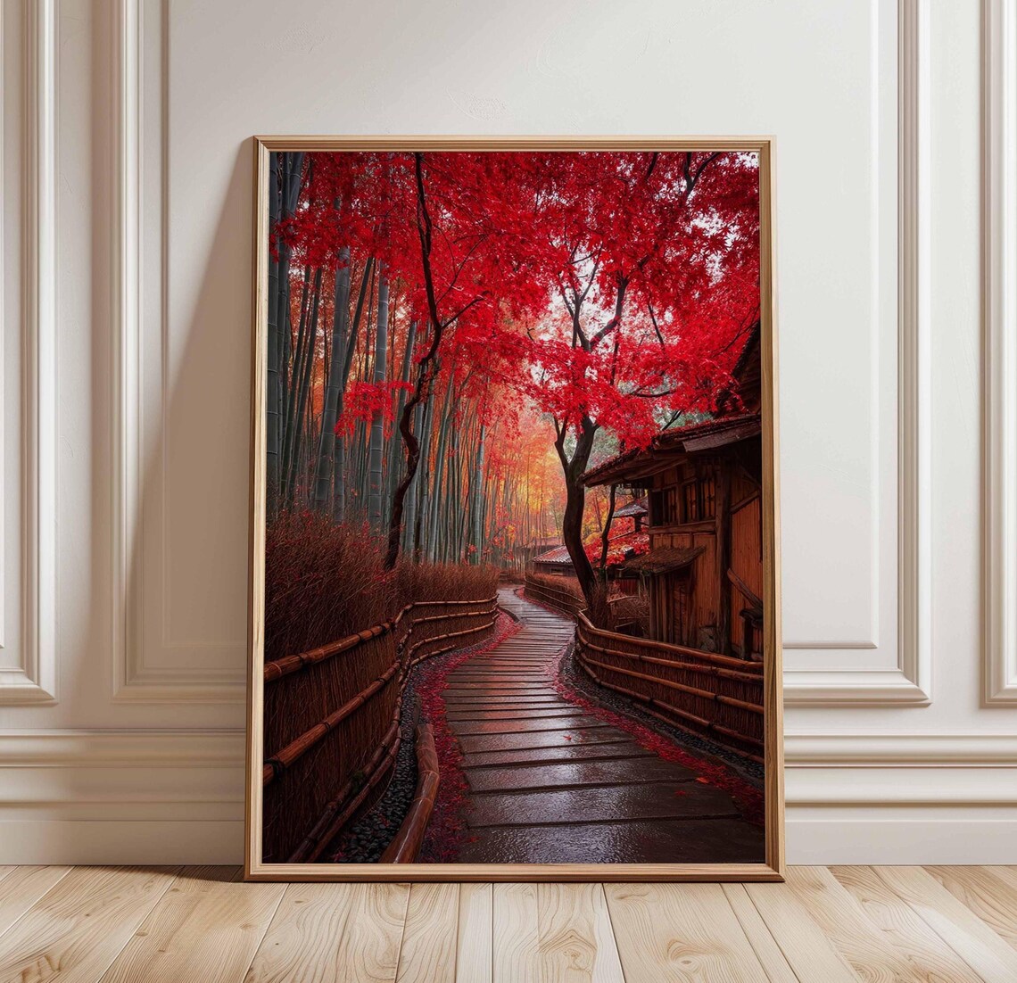 Japanese Autumn Pathway Red Maple Leaves Bamboo Forest Kyoto Garden Poster