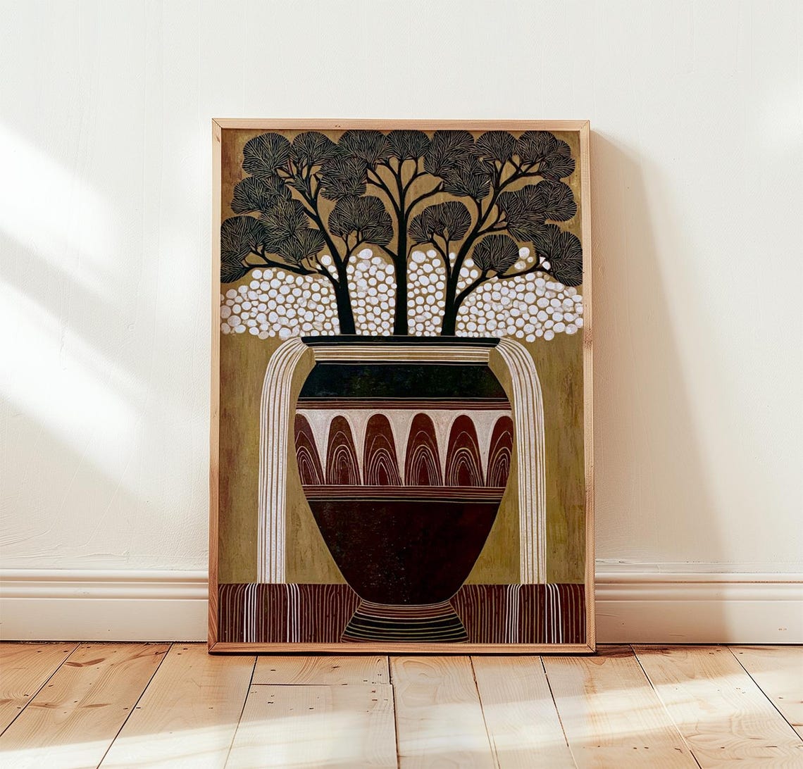 Stylized Tree in Vase Woodcut Golden Botanical Folk Decor Poster