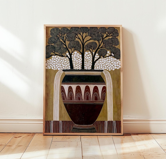 Stylized Tree in Vase Woodcut Golden Botanical Folk Decor Poster