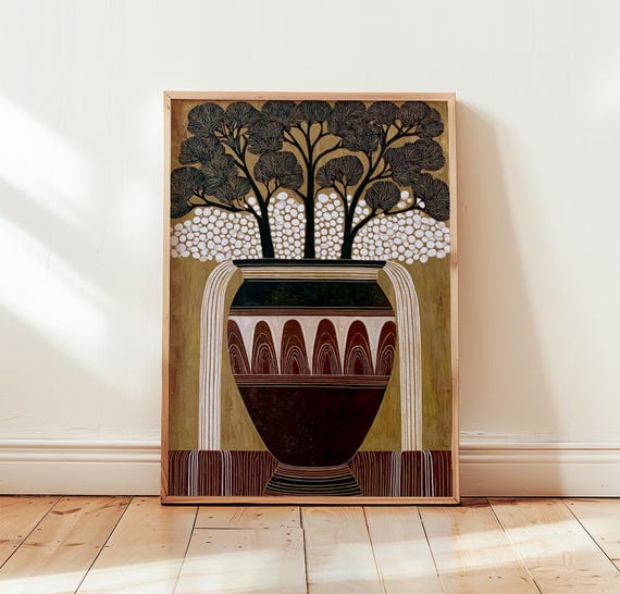 Tree Vase Poster Woodcut Botanical Wall Art Paper Print