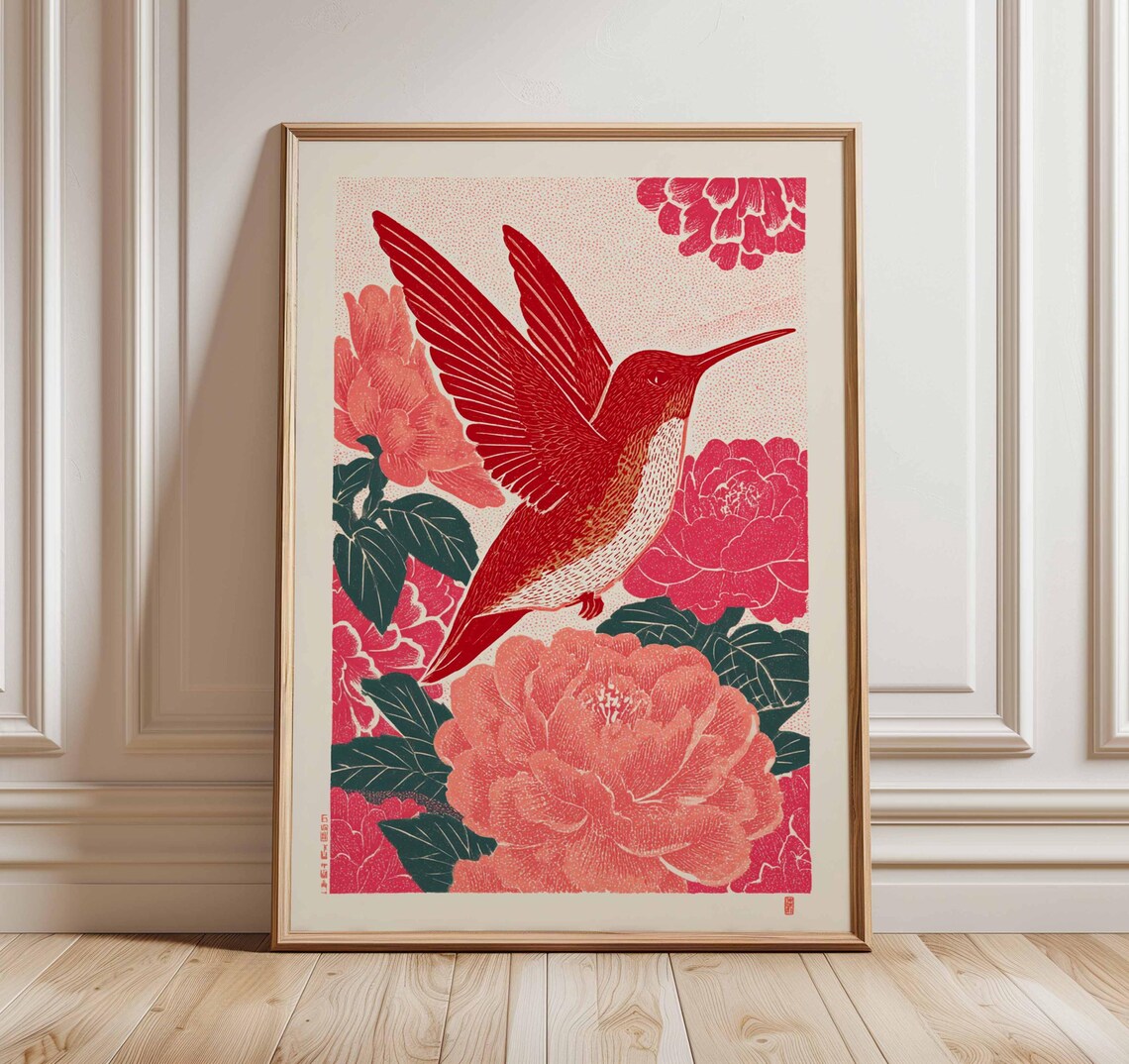 Red Hummingbird Japanese Woodblock Poster Pink Peony Botanical Art