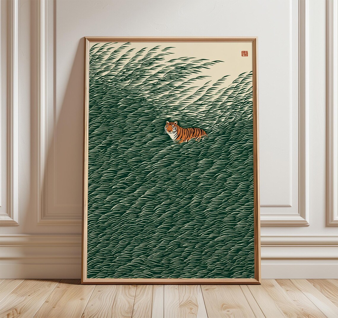 Tiger In Tall Green Reeds Japanese Style Woodland Art Poster