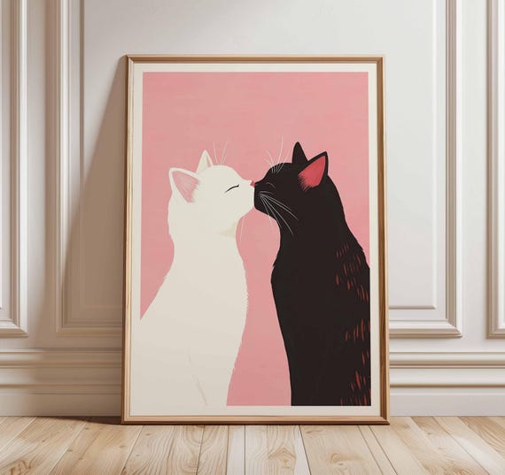 Cat Couple Poster Romantic Kitty Wall Art Black And White Cats Print Cute Animal Love Artwork Minimalist Illustration Pink Decor