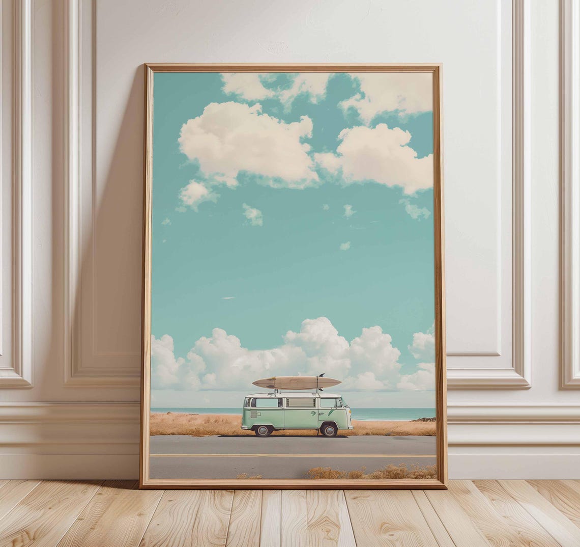 Mint Camper Van Surfboard Coastal Road Trip Retro Beach Poster