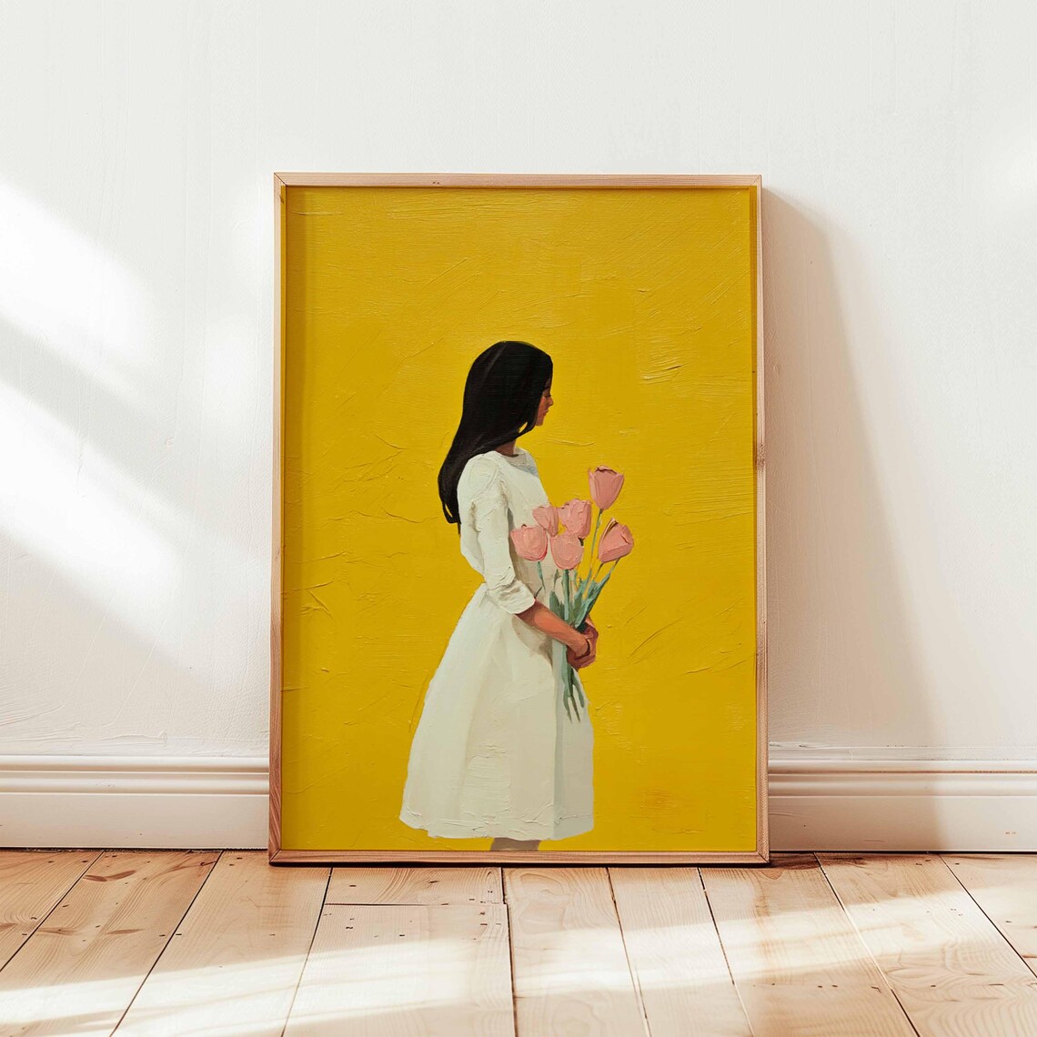Girl Holding Pink Tulips Mustard Yellow Minimalist Floral Art Poster