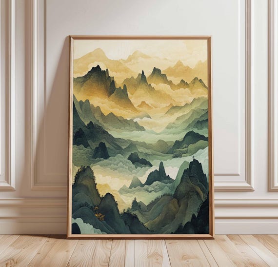 Misty Mountain Landscape Poster Abstract Nature Art Soft Golden And Green Peaks Tranquil Chineseinspired Wall Decor