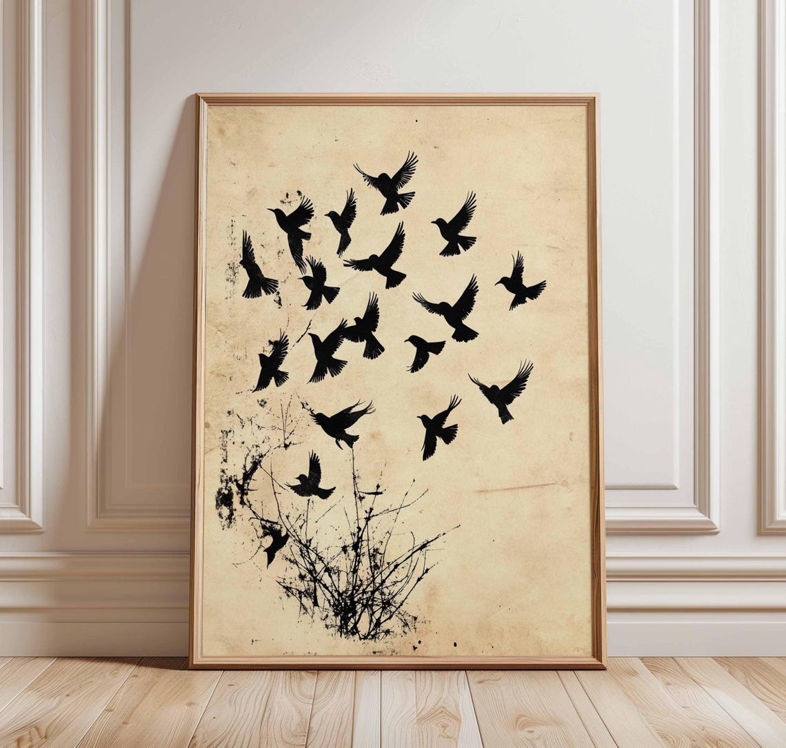 Black Flying Birds Flock Silhouette Vintage Paper Nature Poster