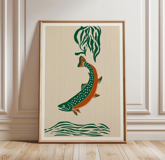 Brook Trout Linocut Poster, Fishing Art Print