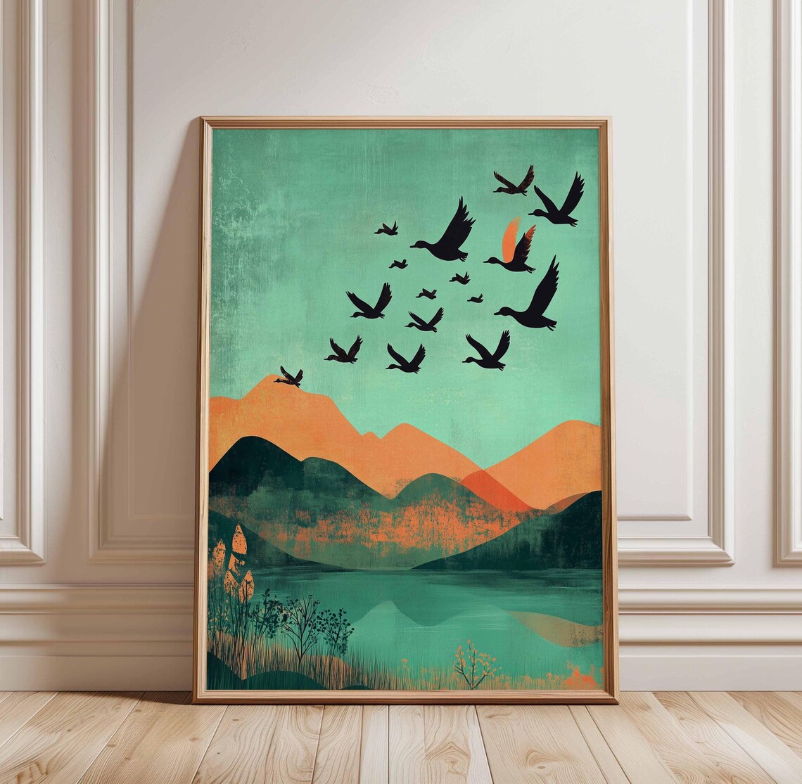 Birds In Flight Over Mountain Lake Minimalist Nature Art Poster