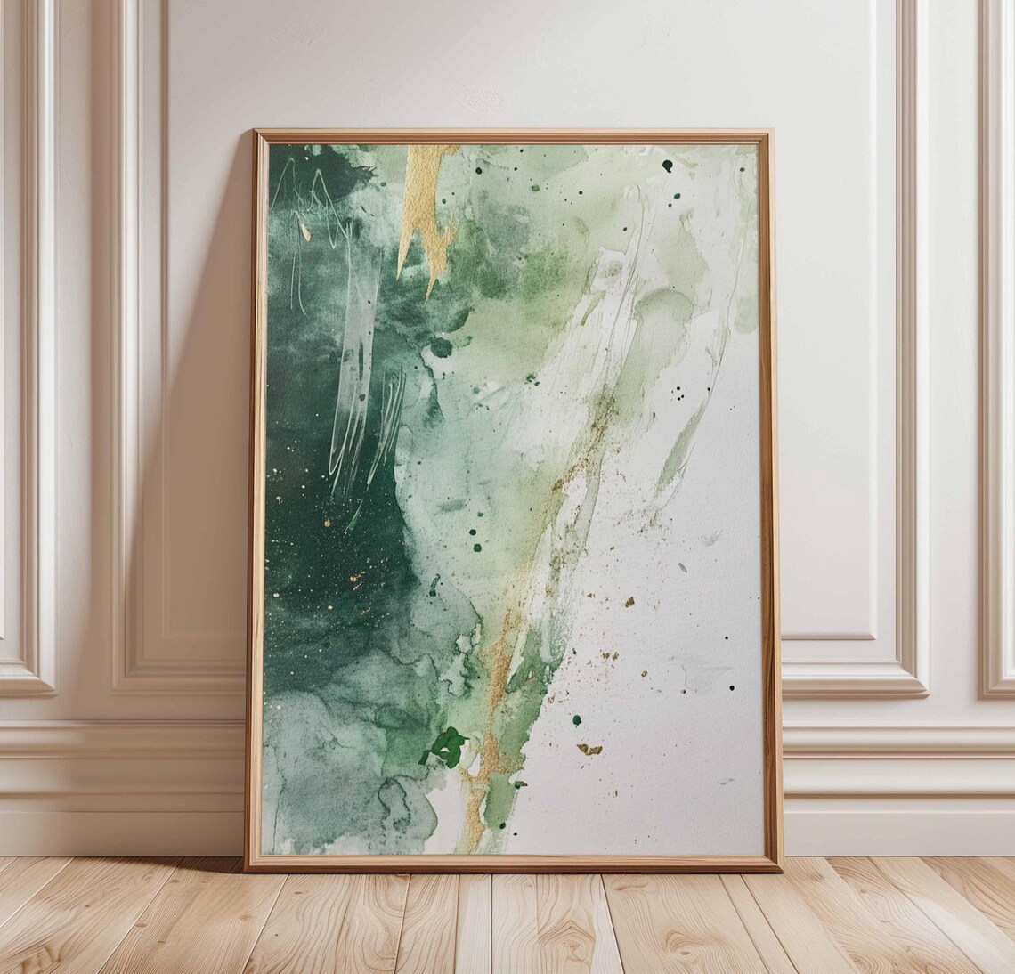 Green Watercolor Abstract With Gold Accents Fluid Art Poster