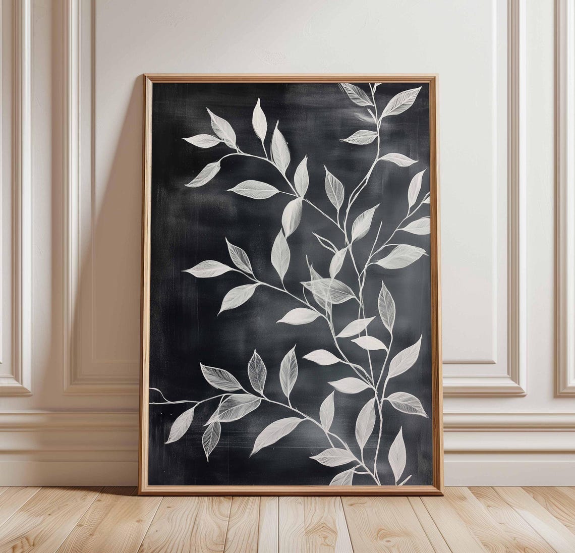 White Botanical Leaves on Black Chalkboard Style Minimalist Poster