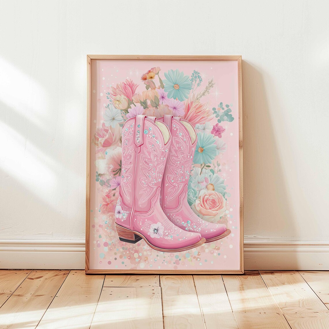 Pink Cowgirl Boots Floral Western Wall Art Country Glam Rodeo Decor