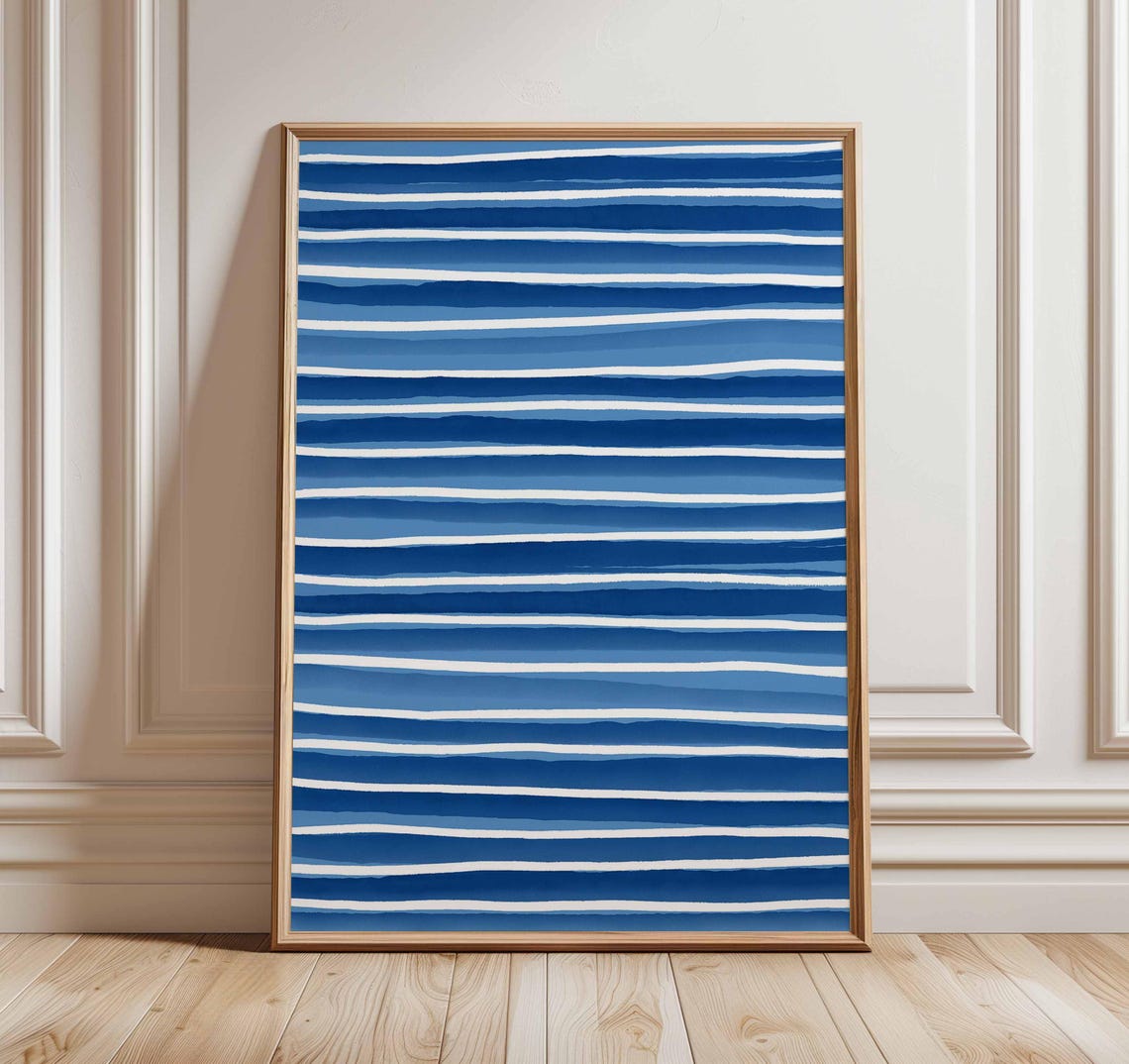 Blue and White Hand Painted Ocean Stripe Abstract Minimalist Wall Art