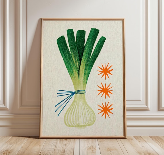Green Onion Retro Vegetable Illustration Mid Century Kitchen Wall Print