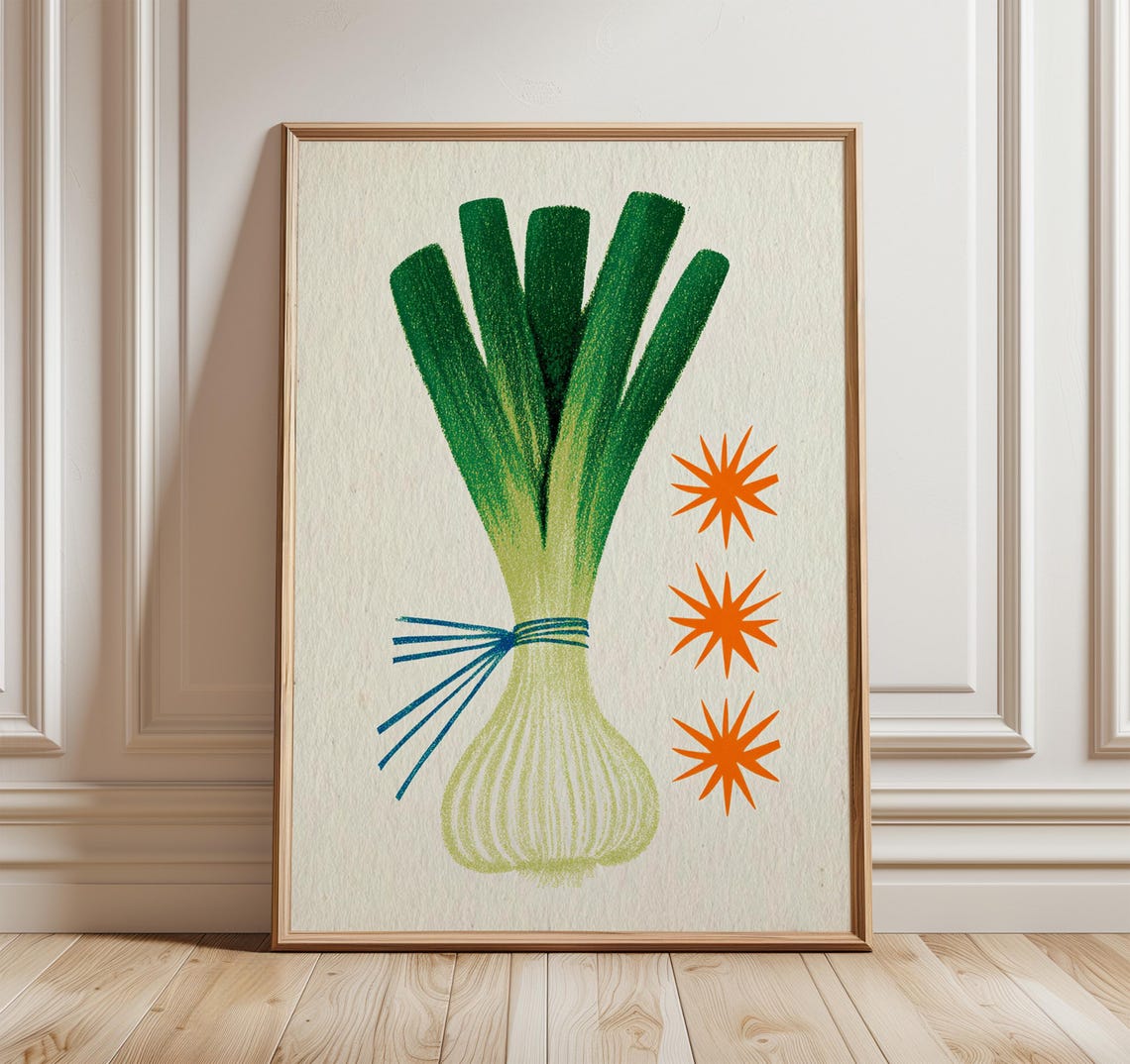 Leek Kitchen Wall Art Minimalist Vegetable Poster Retro Food Illustration Modern Decor Print Scandinavian Style Artwork