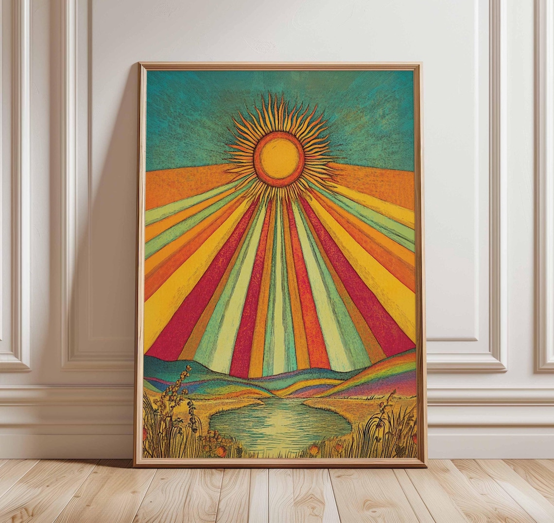 Psychedelic Sun Retro Rainbow Landscape Art Print