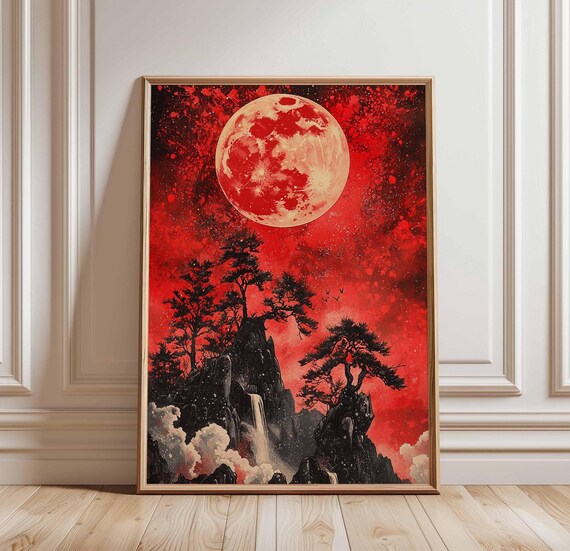Red Moon Over Black Cliffs Waterfall Japanese Style Art Poster
