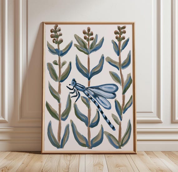 Damselfly Botanical Poster, Blue Nature Art Print