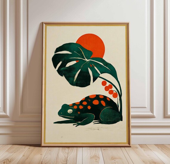 Tropical Frog Wall Art Print Monstera Leaf Poster With Sun Mid Century Modern Nature Decor Minimalist Amphibian Illustration Unframed