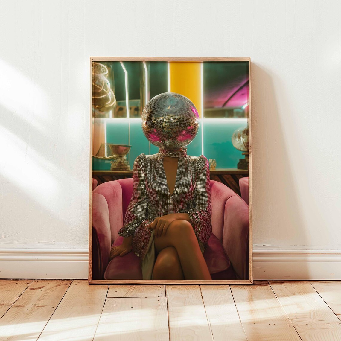 Disco Ball Head Woman Surreal Neon Nightclub Glam Fashion Print