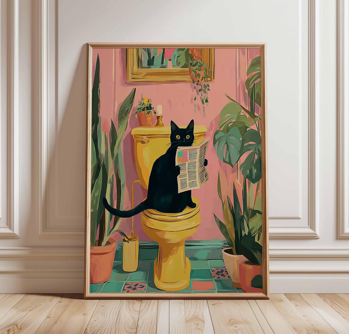 Funny Black Cat On Toilet Reading Newspaper Quirky Bathroom Wall Art