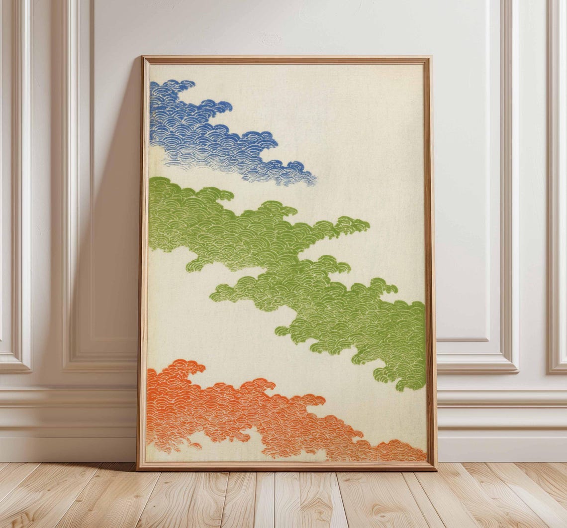 Japanese Wave Cloud Pattern Woodblock Style Colorful Ukiyoe Poster