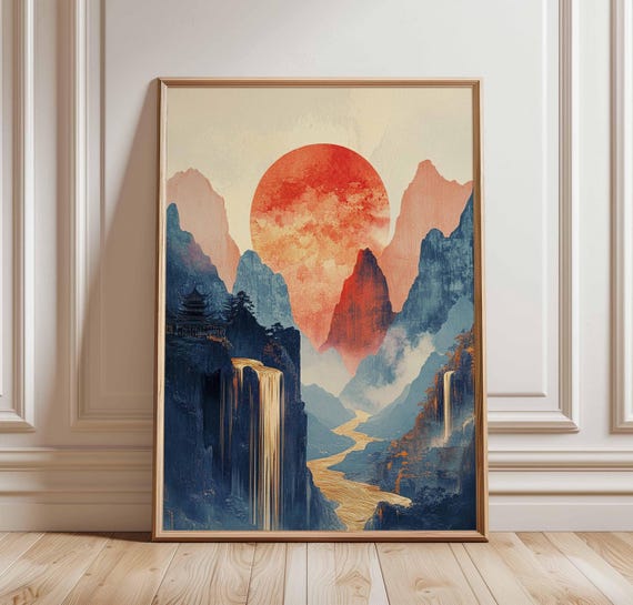 Sunset Mountain Waterfall Poster Vibrant Asianinspired Landscape Art Red Sun Nature Print Serene River Scene