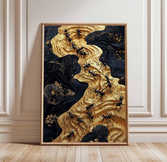 Ants Walking On Gold Abstract Black And Art Modern Insect Poster Wall Natureinspired Decor Print