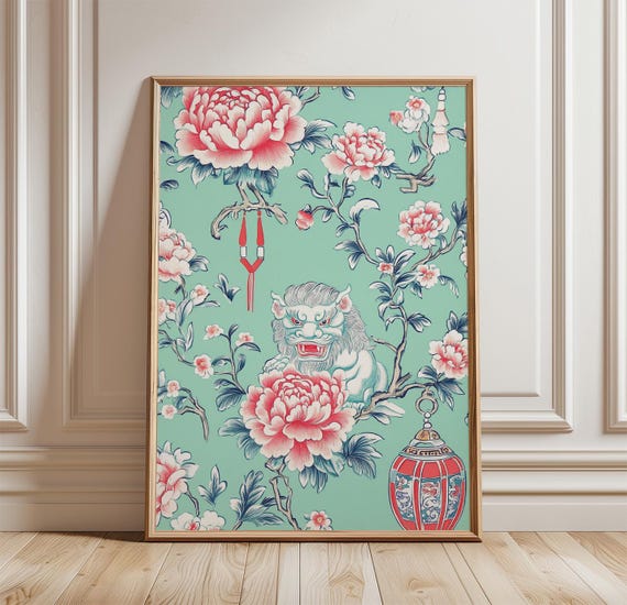 Chinoiserie Peony Poster, Chinese Guardian Lion
