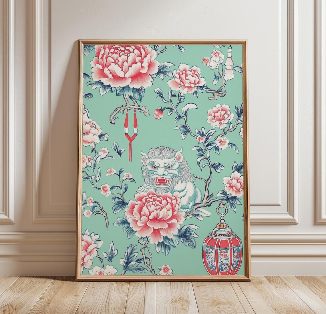 Chinoiserie Peony Poster, Chinese Guardian Lion