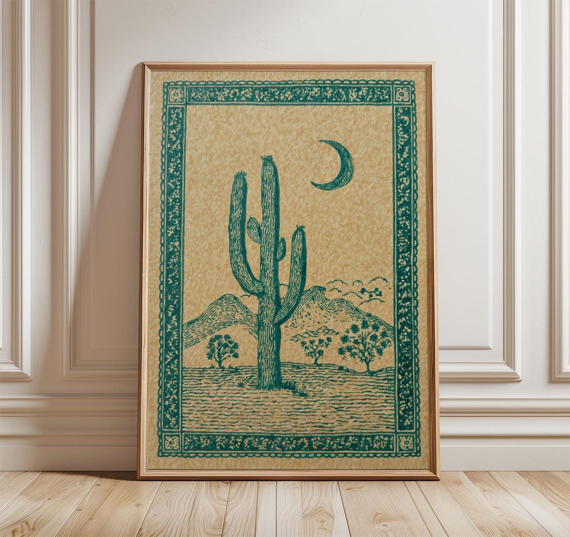 Saguaro Cactus Crescent Moon Vintage Southwestern Desert Art Print